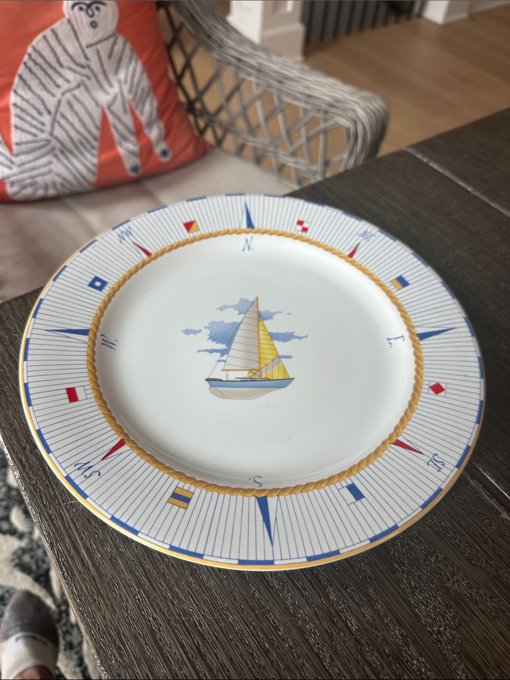 Nautical Fitz and Floyd yellow Sailboat Dinner Plate  10.58D 1995-1997 collectib